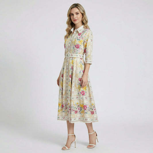 Adelmira floral midi shirt dress with a botanical print and matching white belt, 115cm length.