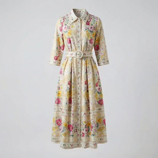 Adelmira floral midi shirt dress with a botanical print and matching white belt, 115cm length.