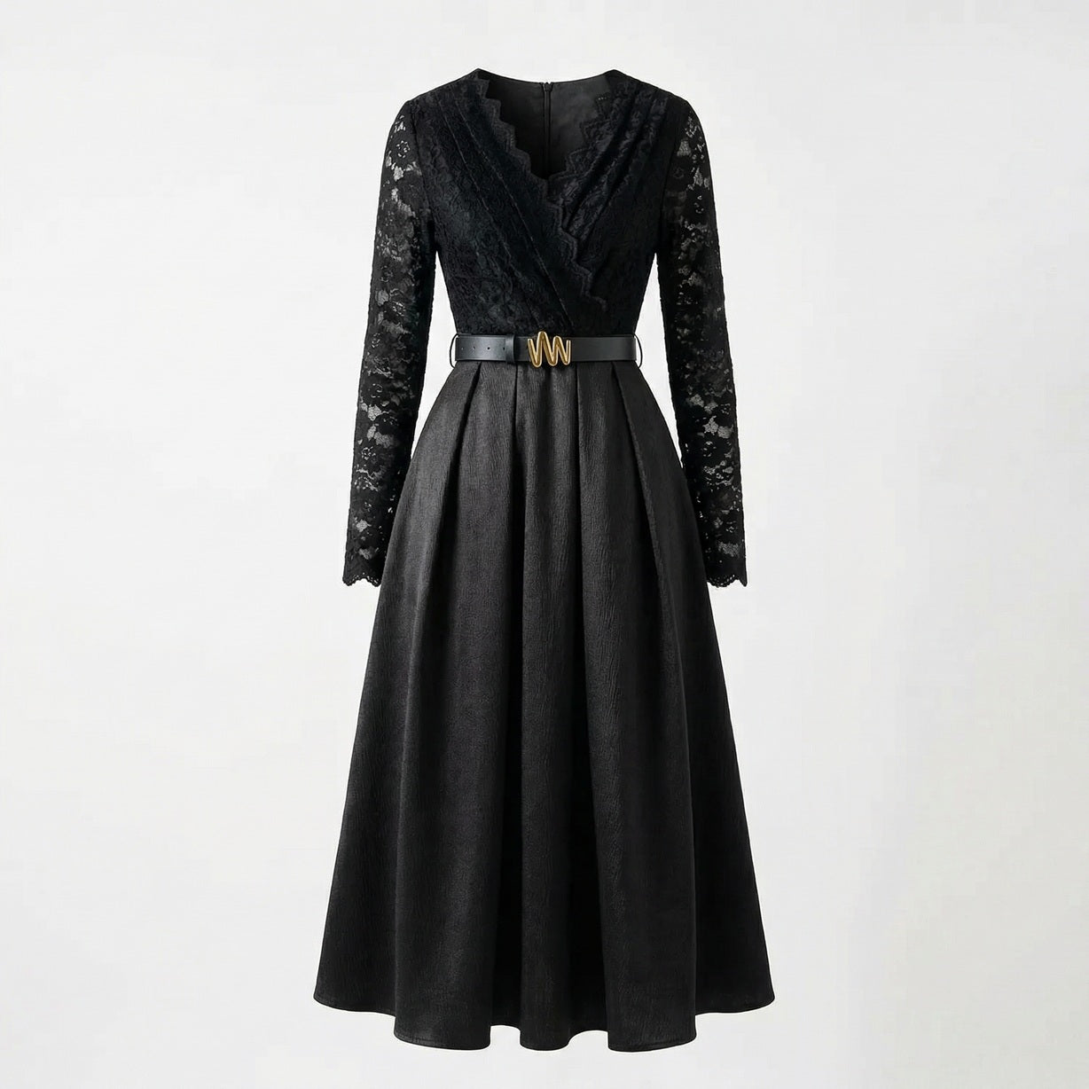 Adelmira midi-maxi dress in brown and black featuring a floral lace long-sleeve bodice, pleated skirt, and gold buckle belt.