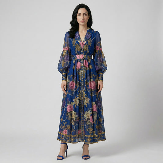 Adelya maxi dress in wine red and navy blue featuring baroque floral print, lantern sleeves, and a rhinestone buckle belt.