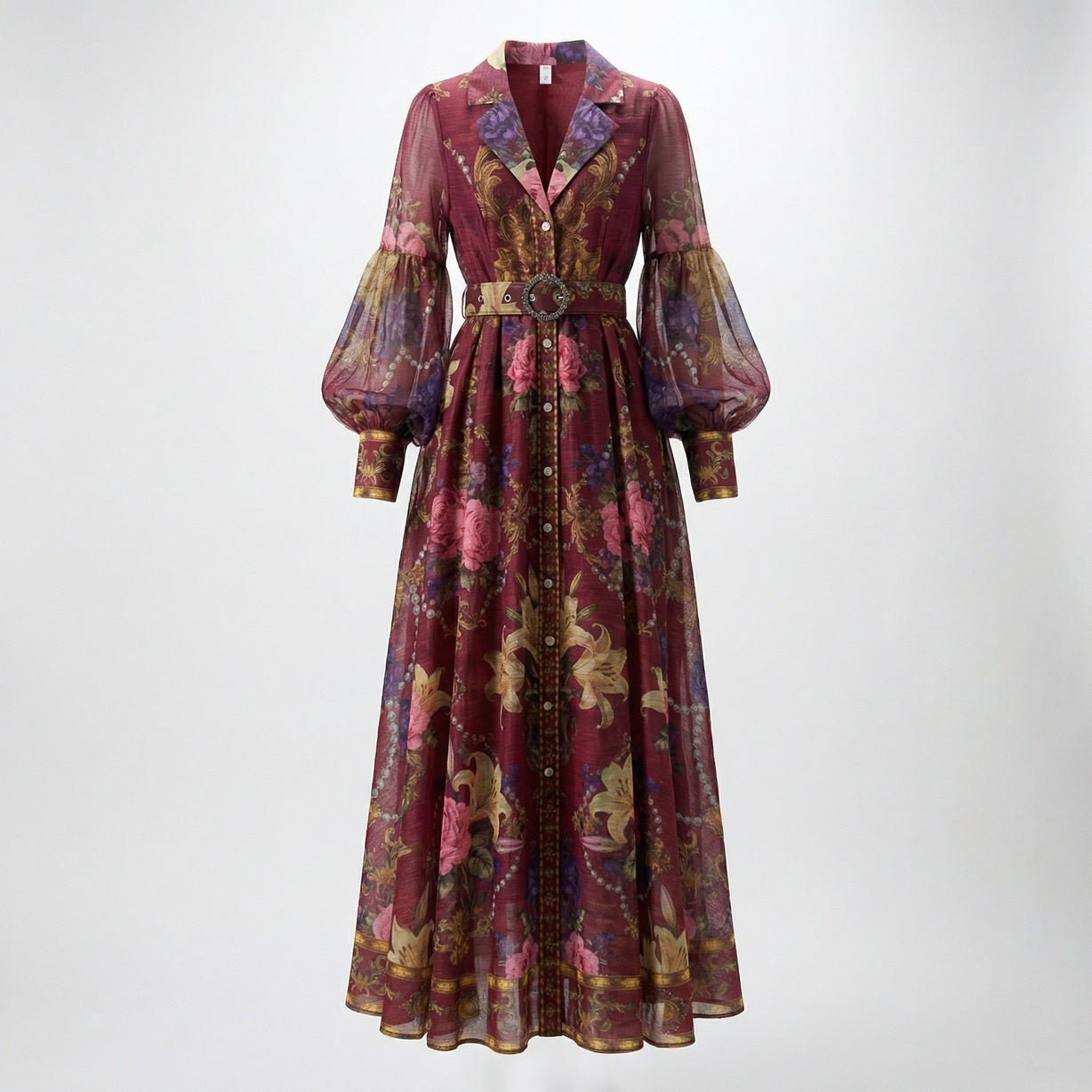Adelya maxi dress in wine red and navy blue featuring baroque floral print, lantern sleeves, and a rhinestone buckle belt.