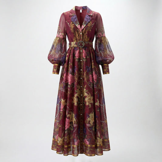 Adelya maxi dress in wine red and navy blue featuring baroque floral print, lantern sleeves, and a rhinestone buckle belt.