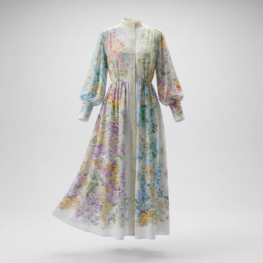 Full-length view of the Adelya floral chiffon maxi dress with vibrant pink, blue, and yellow garden patterns and a waist tie.