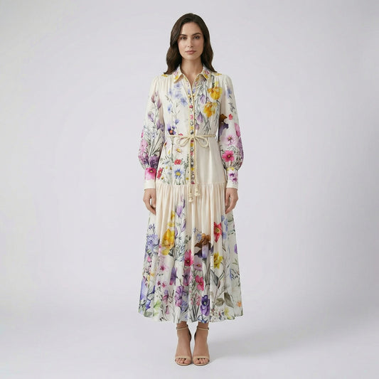 Full-length view of Adibah cream floral maxi dress with pink and purple flowers, bishop sleeves, and a braided rope belt