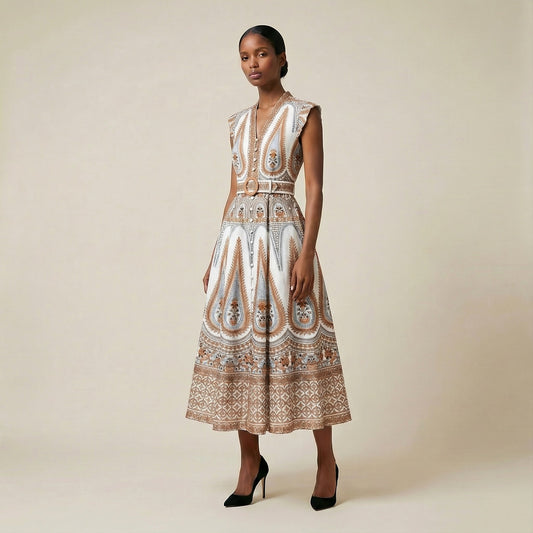 A woman wearing the Allegra maxi dress featuring a detailed orange and blue paisley print with a V-neck, flutter sleeves, and a matching belted waist.