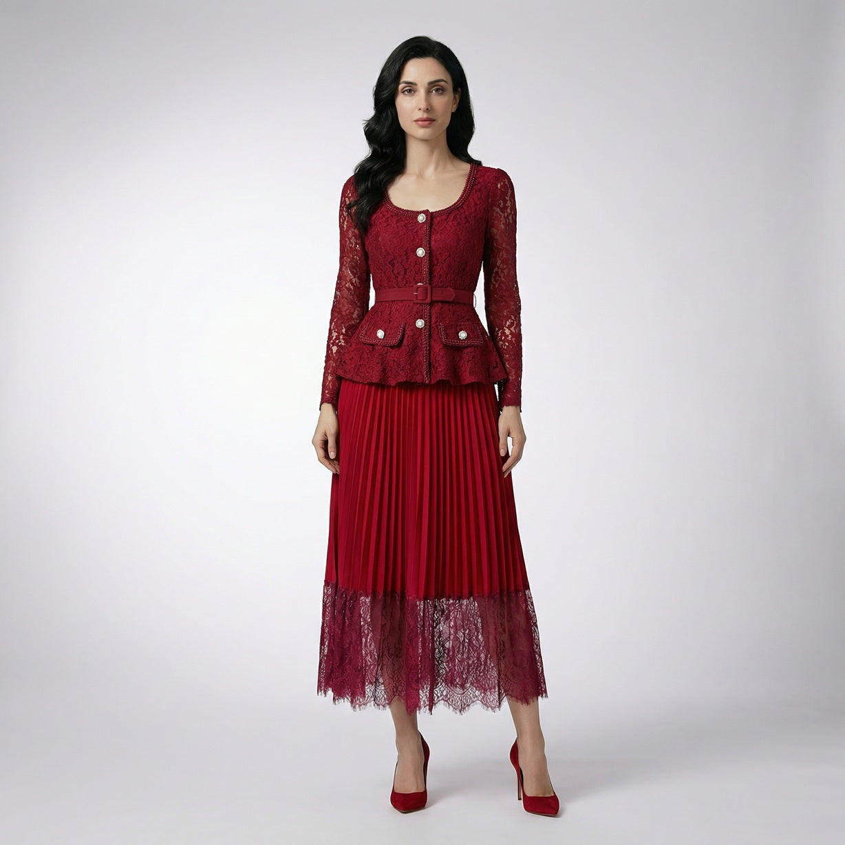 Wine red Anitta lace maxi set featuring a 130cm pleated skirt and intricate lace bodice.