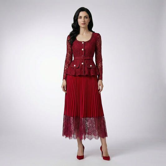 Wine red Anitta lace maxi set featuring a 130cm pleated skirt and intricate lace bodice.