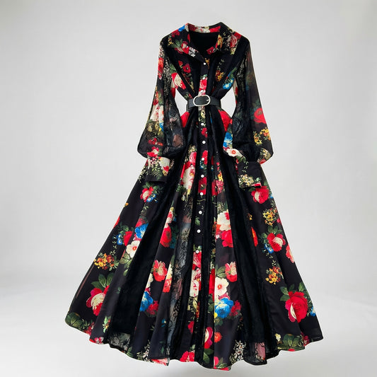 Anne long sleeve lace insert maxi dress in midnight rose black floral.