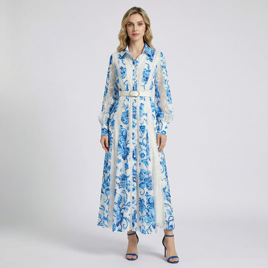 Anne floral lace panel maxi shirt dress in porcelain blue and white floral print.