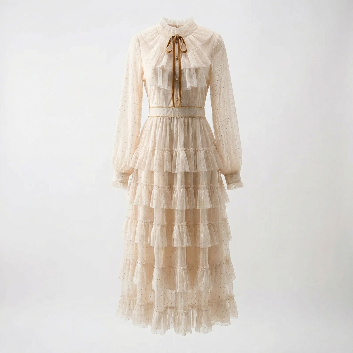 Anni ruffled tulle midi dress in pink and cream showing tiered ruffles and lantern sleeves