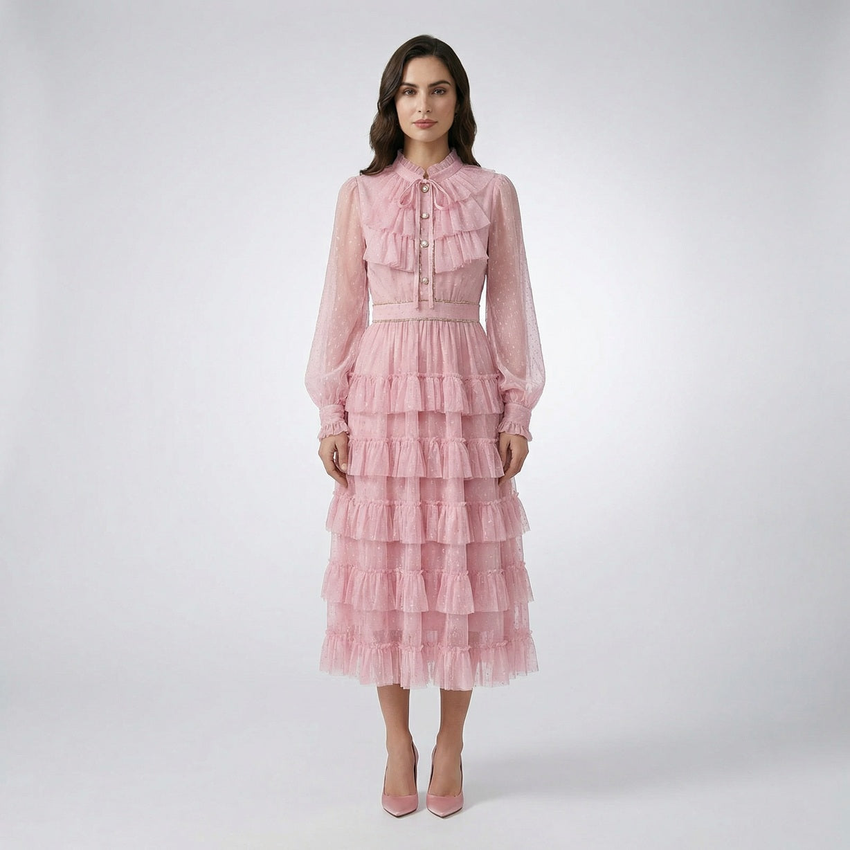 Anni ruffled tulle midi dress in pink and cream showing tiered ruffles and lantern sleeves