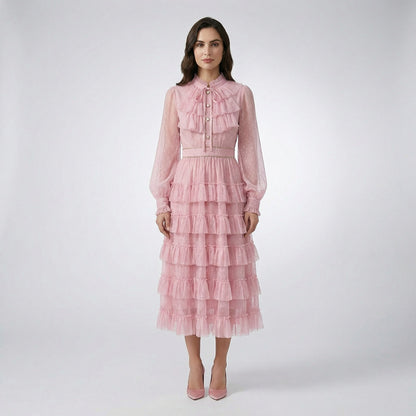 Anni ruffled tulle midi dress in pink and cream showing tiered ruffles and lantern sleeves