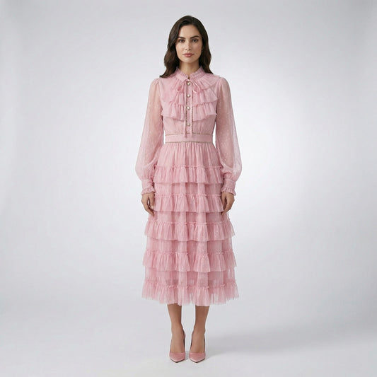 Anni ruffled tulle midi dress in pink and cream showing tiered ruffles and lantern sleeves