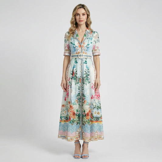 Front view of Annie floral maxi dress in white and yellow, 135cm (53 inches) long, featuring button-down front and white circular buckle belt.