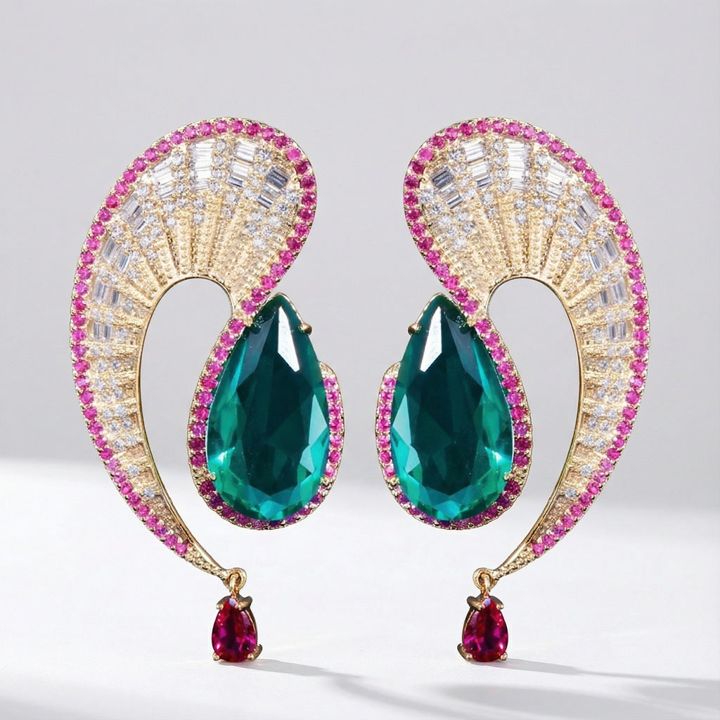 Arabic inspired gold drop earrings with oversized green cubic zirconia stone