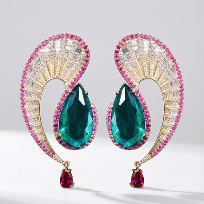 Arabic inspired gold drop earrings with oversized green cubic zirconia stone