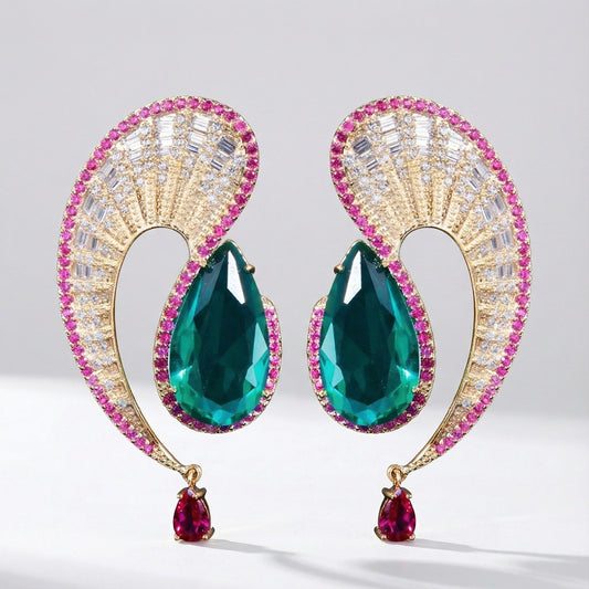 Arabic inspired gold drop earrings with oversized green cubic zirconia stone