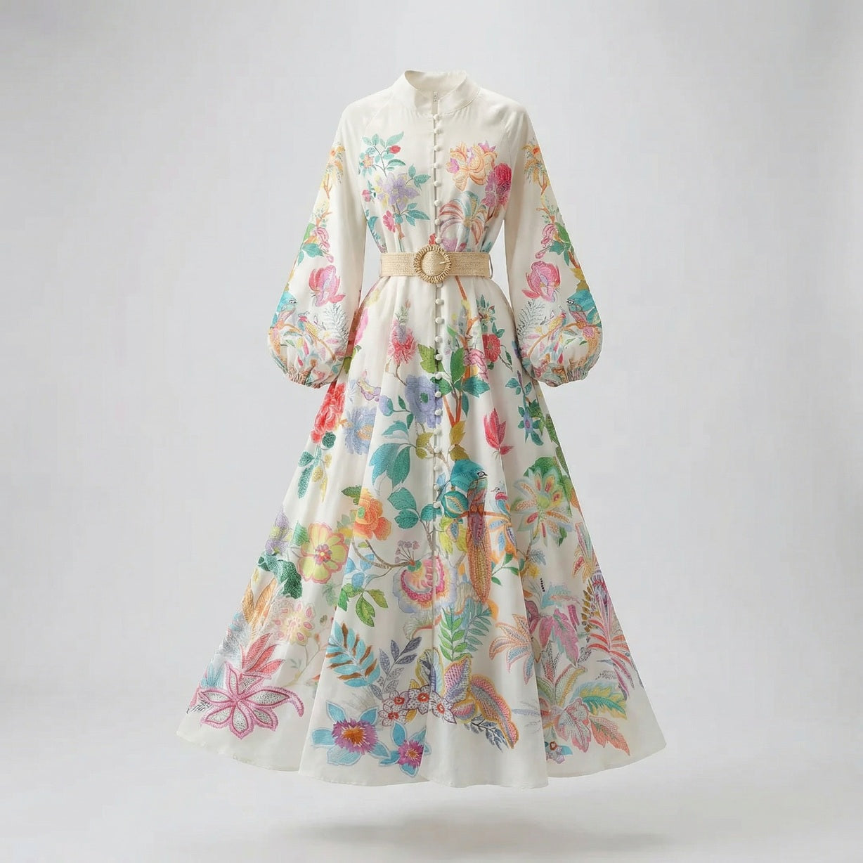 Arina white long-sleeve maxi dress with vibrant floral and bird prints, featuring a mandarin collar and a tan woven buckle belt.