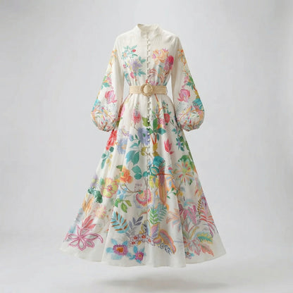 Arina white long-sleeve maxi dress with vibrant floral and bird prints, featuring a mandarin collar and a tan woven buckle belt.