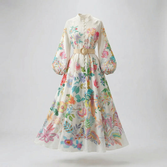 Arina white long-sleeve maxi dress with vibrant floral and bird prints, featuring a mandarin collar and a tan woven buckle belt.