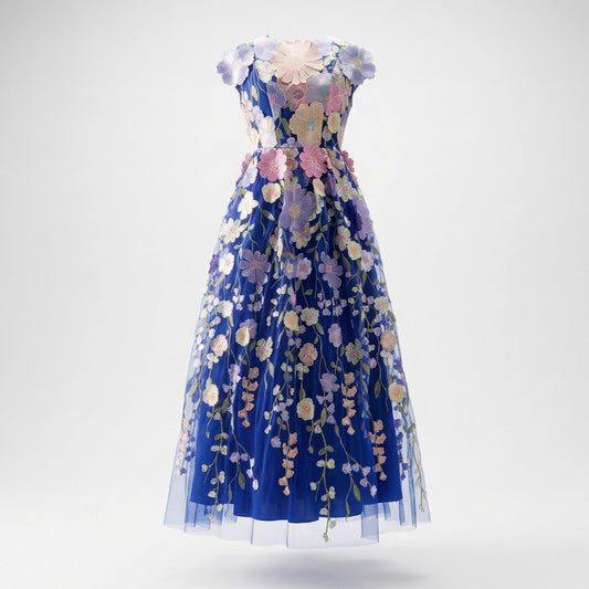 Close up of Arlete blue midi dress with 3D floral embroidery and mesh fabric.
