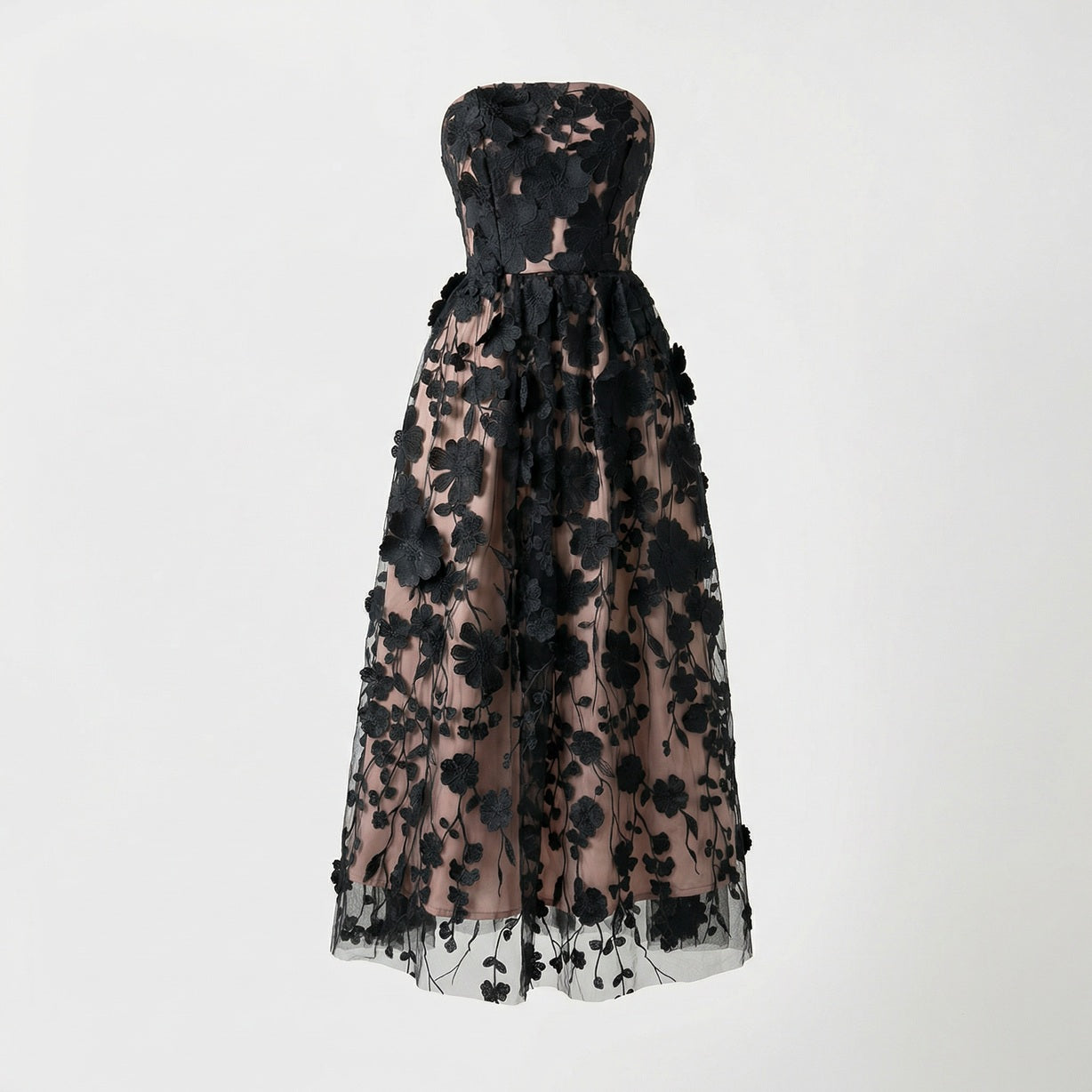 Black Arlete strapless midi dress with 3D floral overlays