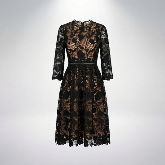 Front view of Ashley floral guipure lace midi dress in black, white, and blue featuring elbow-length sleeves and scalloped neckline.