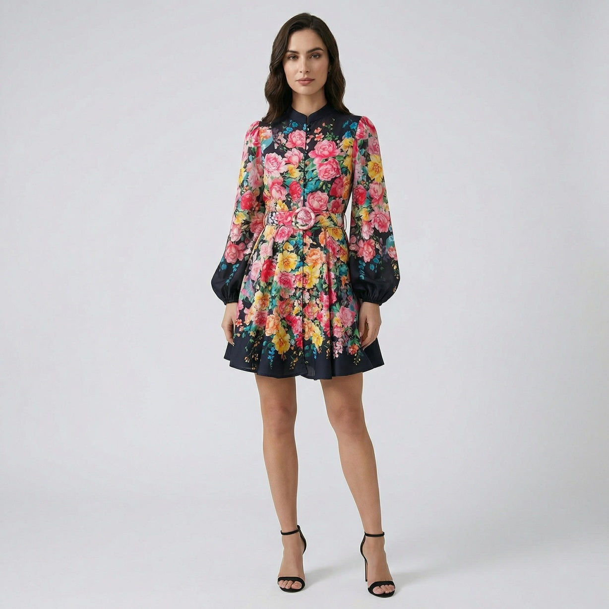 Ayla floral mini dress with lantern sleeves and matching belt in black and cream floral patterns.