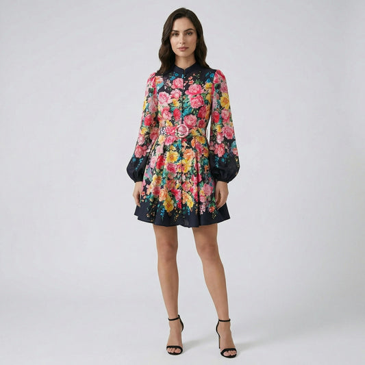 Ayla floral mini dress with lantern sleeves and matching belt in black and cream floral patterns.