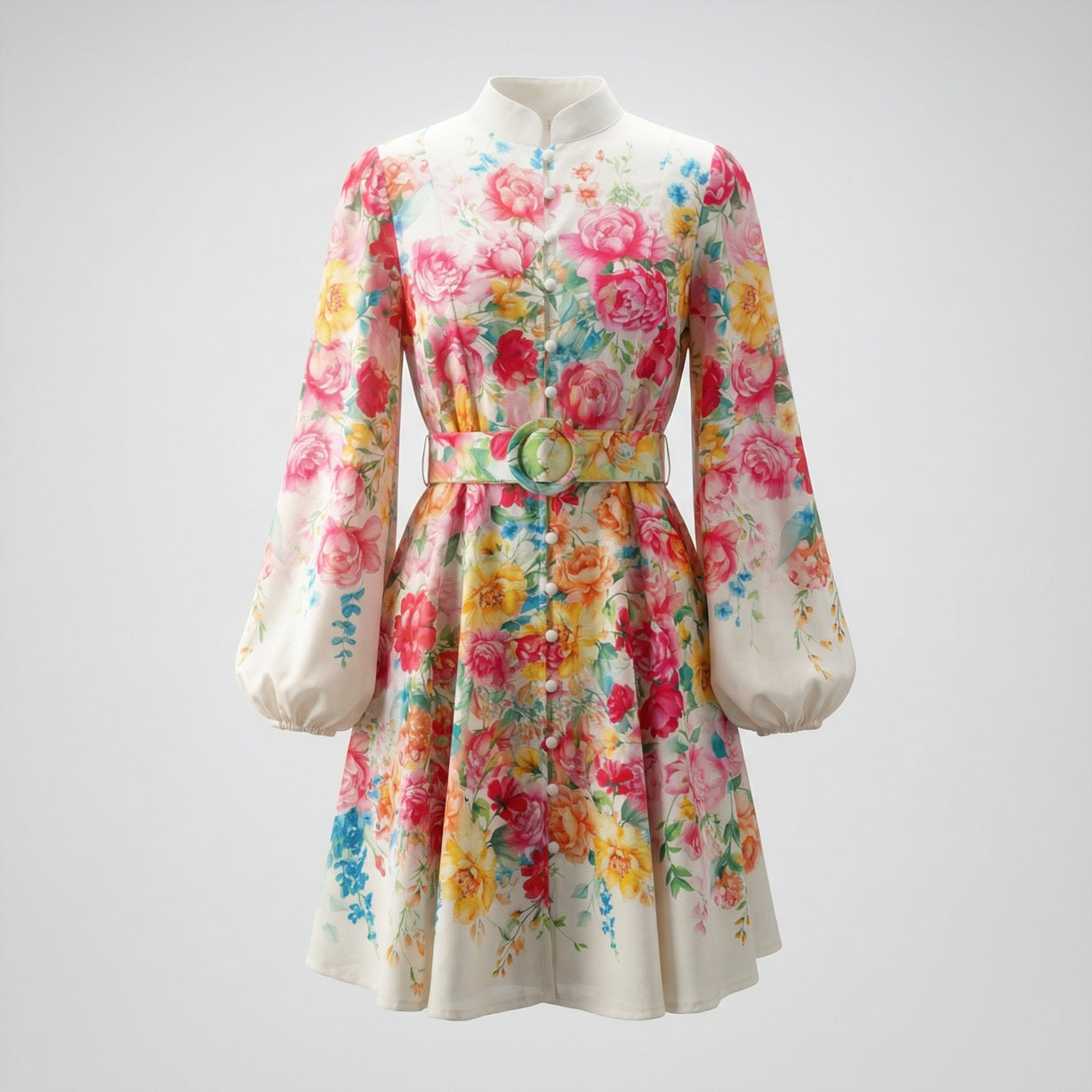 Ayla floral mini dress with lantern sleeves and matching belt in black and cream floral patterns.