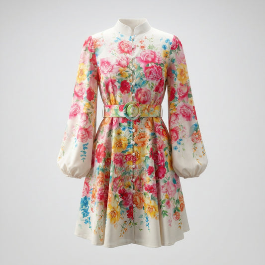 Ayla floral mini dress with lantern sleeves and matching belt in black and cream floral patterns.