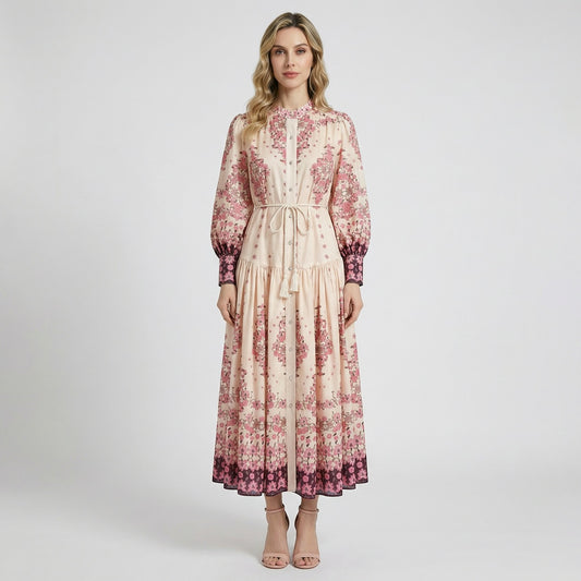 Front view of the Barbara floral maxi dress in cream and pink with puff sleeves and a braided tassel belt