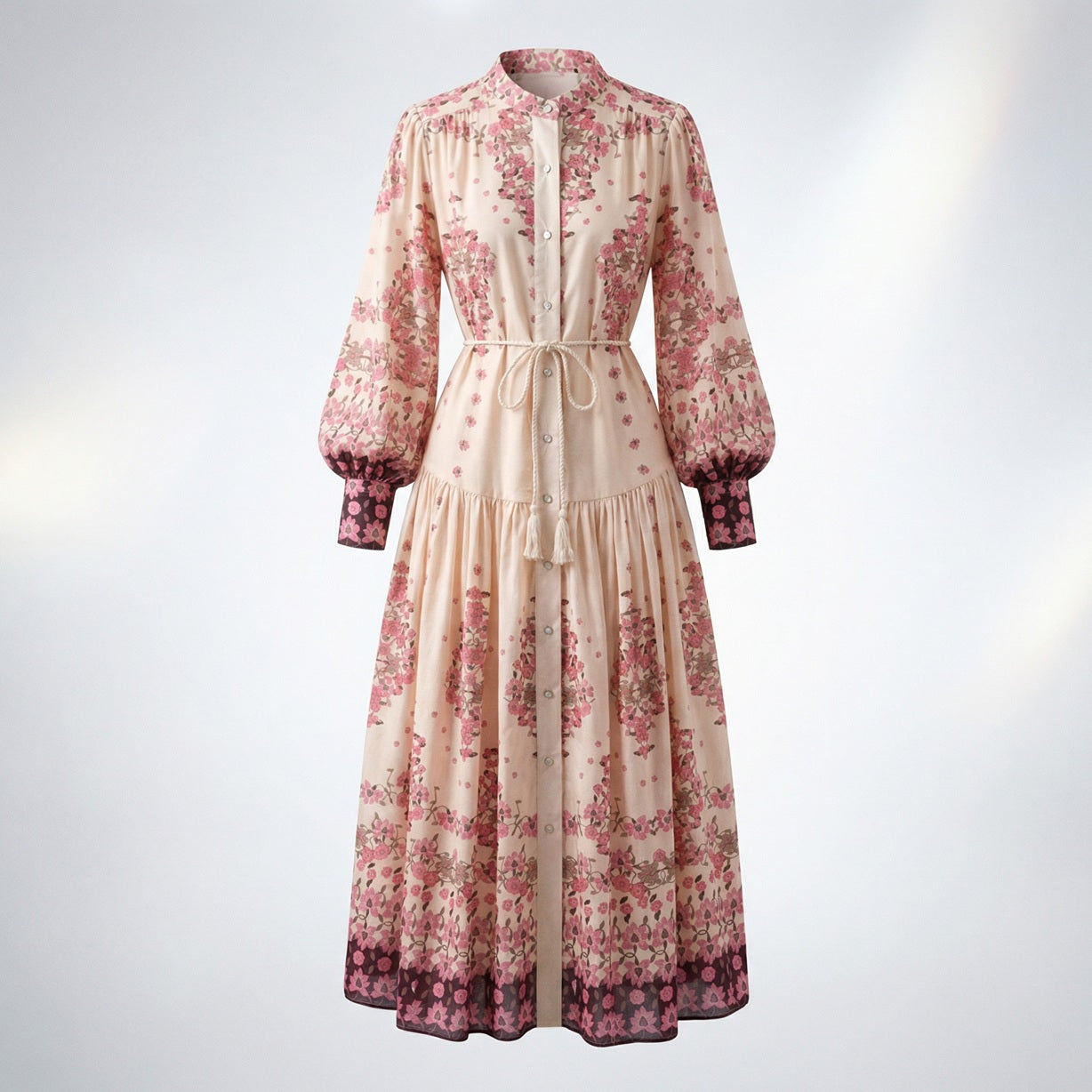 Front view of the Barbara floral maxi dress in cream and pink with puff sleeves and a braided tassel belt