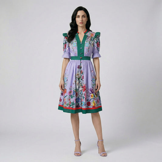 Barbra mini dress in lavender with green trim and wildflower print.