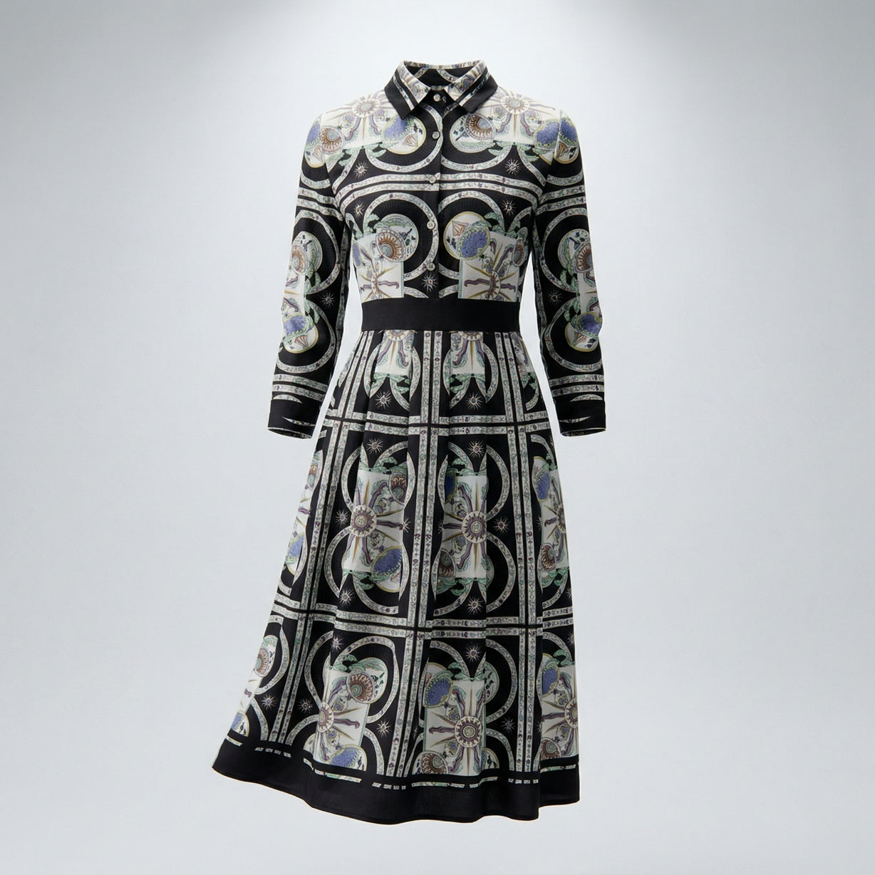 Bianca black and gold ornate geometric print midi shirt dress with 3/4 sleeves