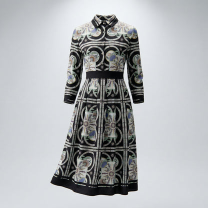 Bianca black and gold ornate geometric print midi shirt dress with 3/4 sleeves