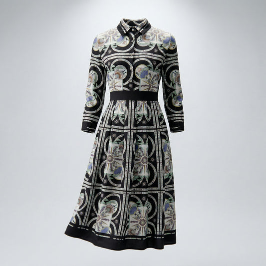 Bianca black and gold ornate geometric print midi shirt dress with 3/4 sleeves