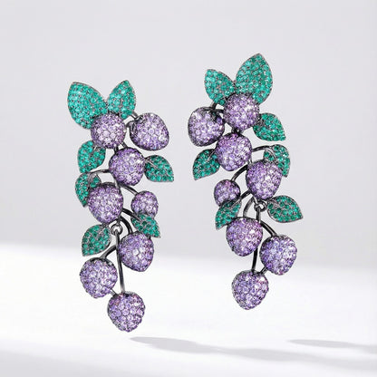 Blueberry-shaped rhinestone earrings with purple and green cubic zirconia for elegant fruit-inspired look
