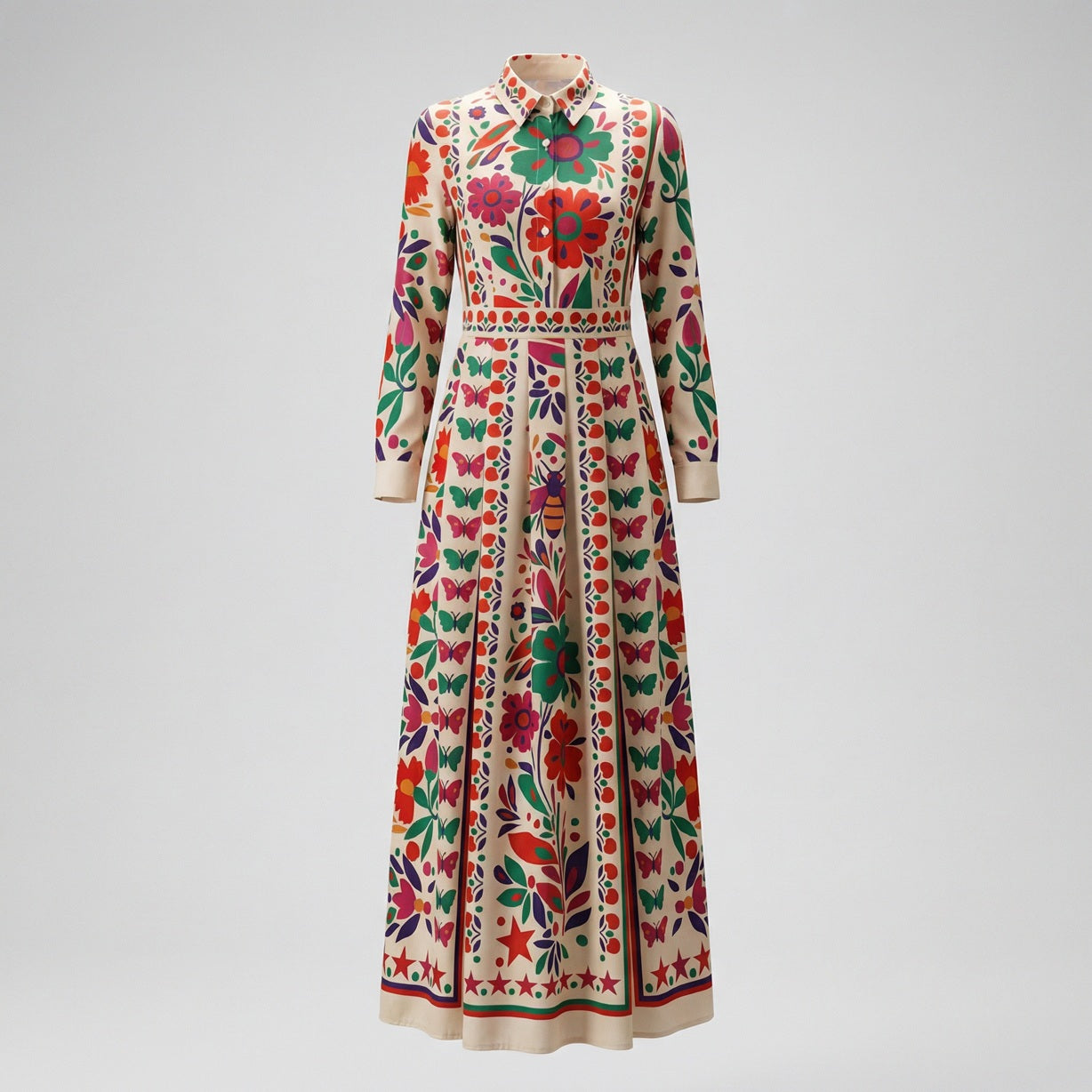 Candi cream maxi dress with colorful floral butterfly print and long sleeves.