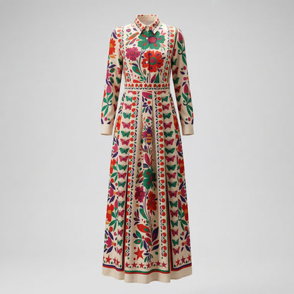 Candi cream maxi dress with colorful floral butterfly print and long sleeves.