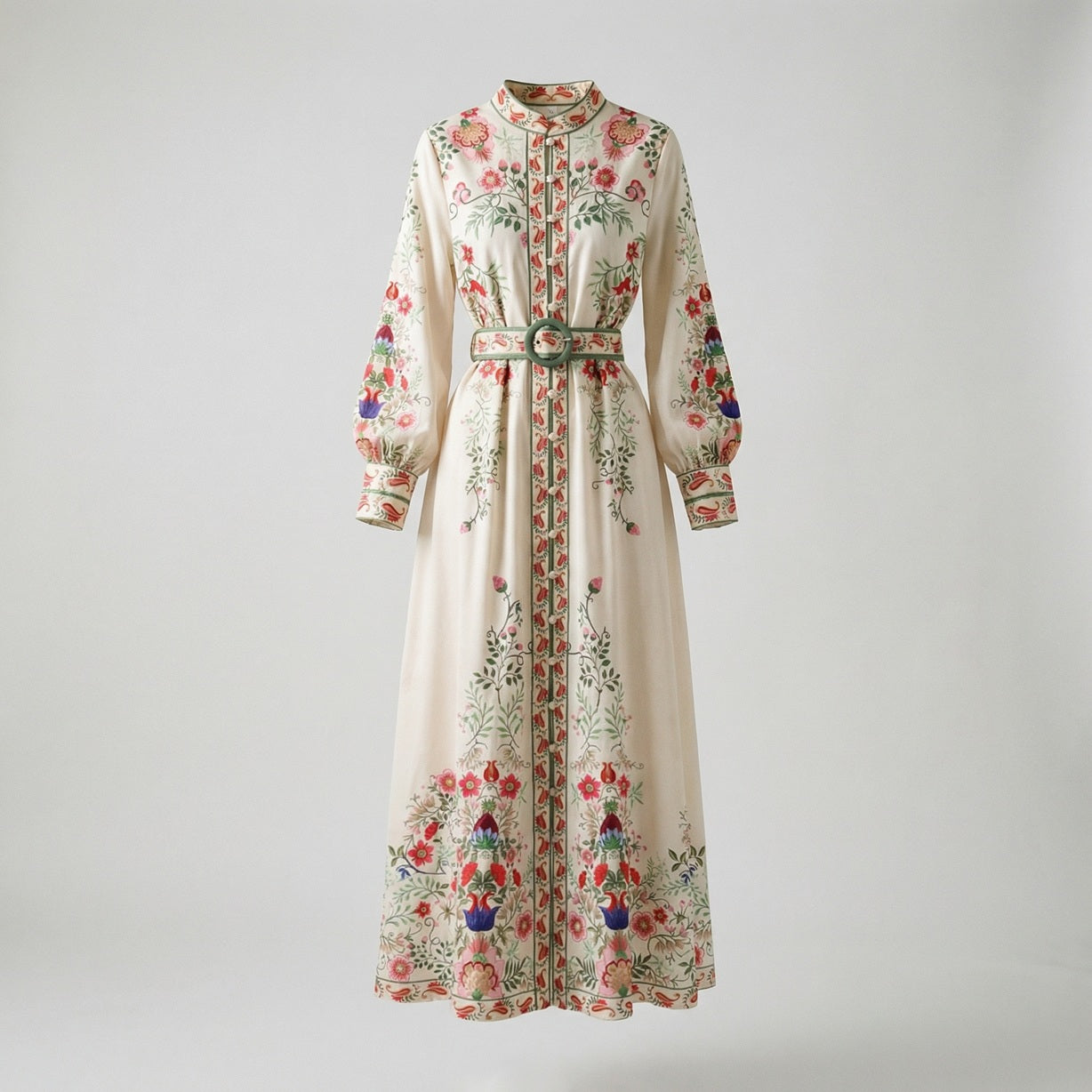 Front and back view of the Carmine ivory maxi dress with red and blue floral print, long sleeves, and matching waist belt.