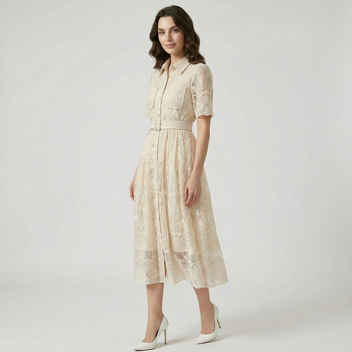Carol floral lace midi dress in light blue, ivory, and pink featuring pearl-trimmed pockets and a matching buckle belt on a flat lay display.