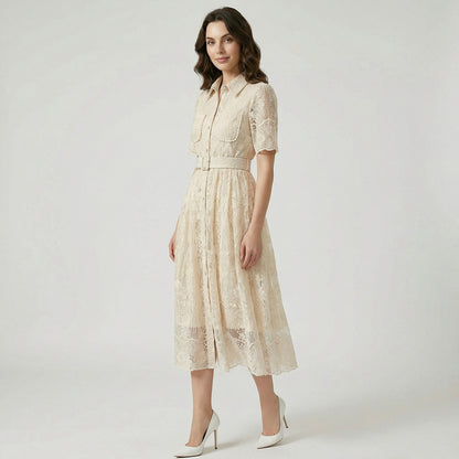 Carol floral lace midi dress in light blue, ivory, and pink featuring pearl-trimmed pockets and a matching buckle belt on a flat lay display.