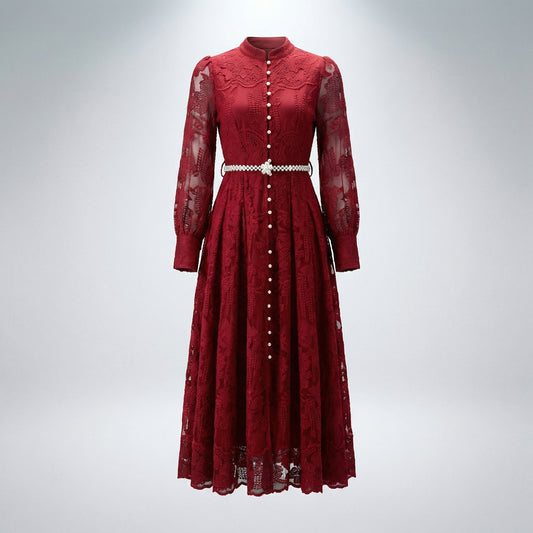 Front and back view of a woman wearing the Catherine 130cm floral lace maxi dress in cream and wine red with pearl belt and bishop sleeves.