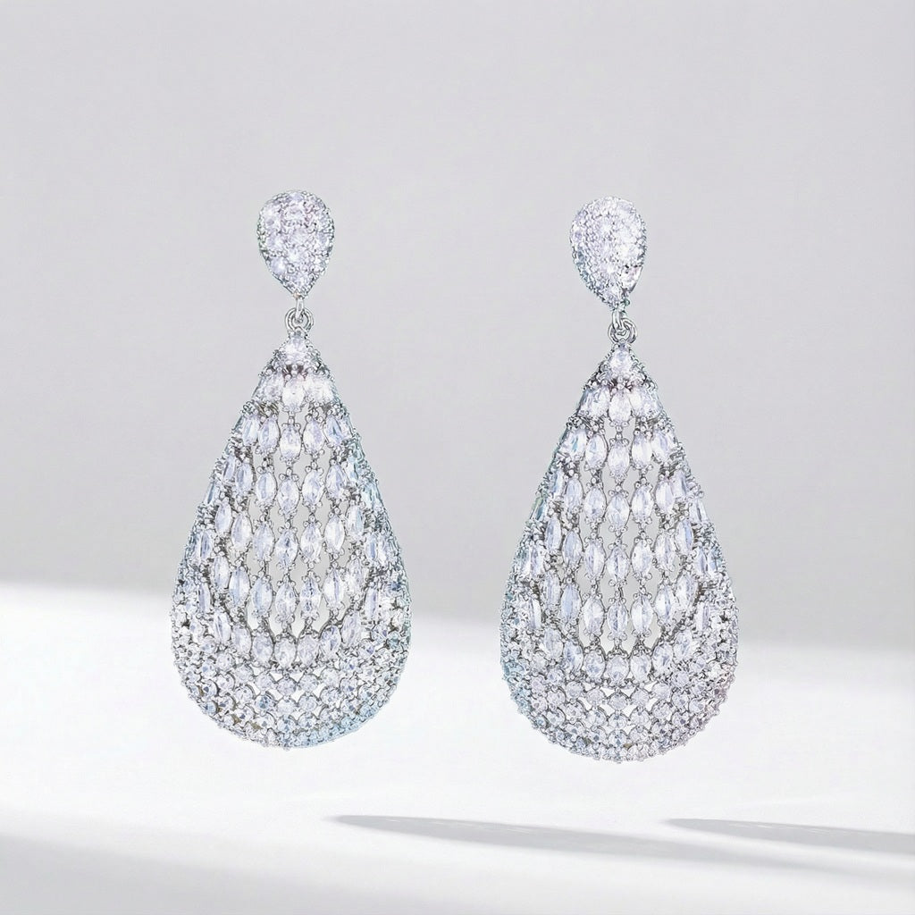 Classic silver pear drop earrings with clear CZ crystal stones