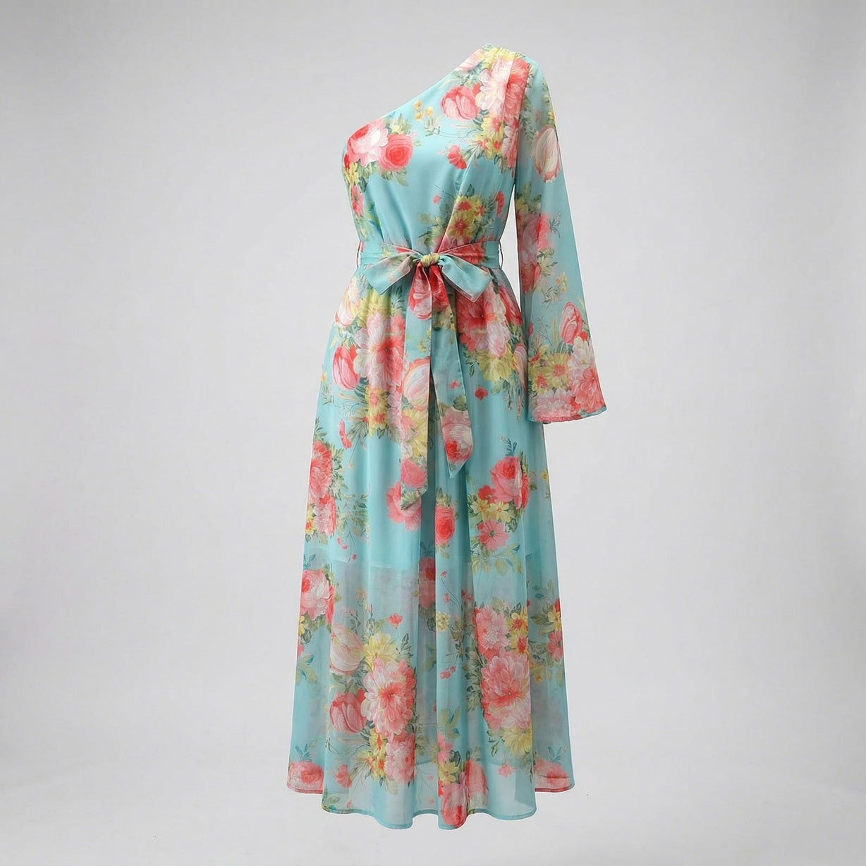 Claudia One-Shoulder Maxi Dress in Midnight Bloom and Azure Garden floral patterns