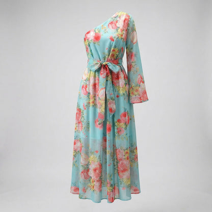 Claudia One-Shoulder Maxi Dress in Midnight Bloom and Azure Garden floral patterns