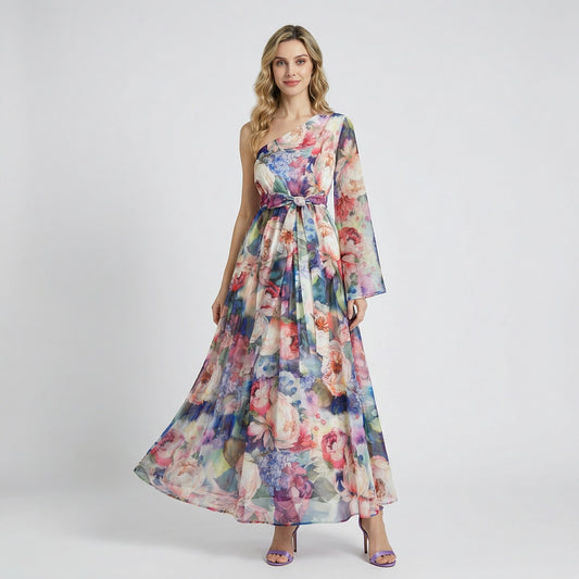 Claudia One-Shoulder Maxi Dress in Midnight Bloom and Azure Garden floral patterns