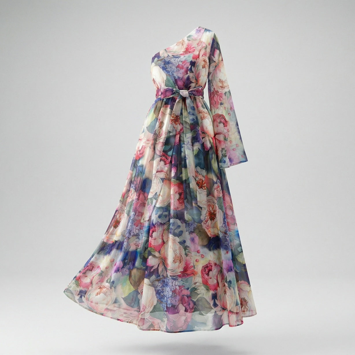 Claudia One-Shoulder Maxi Dress in Midnight Bloom and Azure Garden floral patterns