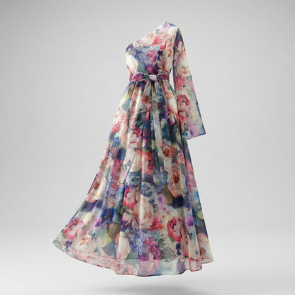 Claudia One-Shoulder Maxi Dress in Midnight Bloom and Azure Garden floral patterns
